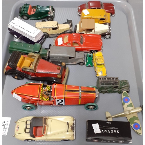 330 - Two trays of playworn and other diecast and tin plate model vehicles to include: Minic Toys 1950s de... 