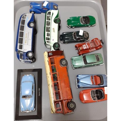 330 - Two trays of playworn and other diecast and tin plate model vehicles to include: Minic Toys 1950s de... 