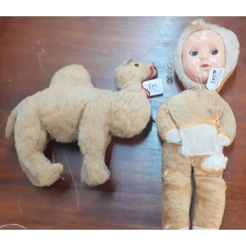 343 - Vintage mohair soft toy camel together with a mid century doll with celluloid face and rolling eyes ... 