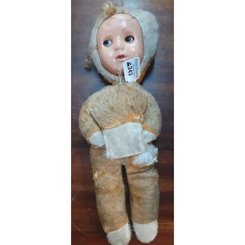 343 - Vintage mohair soft toy camel together with a mid century doll with celluloid face and rolling eyes ... 