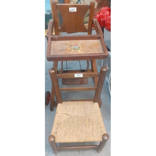 353 - 1950s/60s doll's wooden high chair with transfer print decoration together with small bar backed bee... 