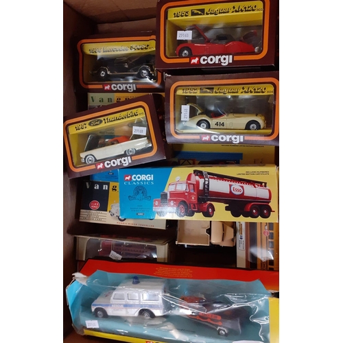 361 - Two boxes of diecast model vehicles, varying scales to include: Corgi Volvo General Purpose Tanker, ... 