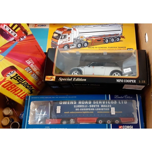 361 - Two boxes of diecast model vehicles, varying scales to include: Corgi Volvo General Purpose Tanker, ... 