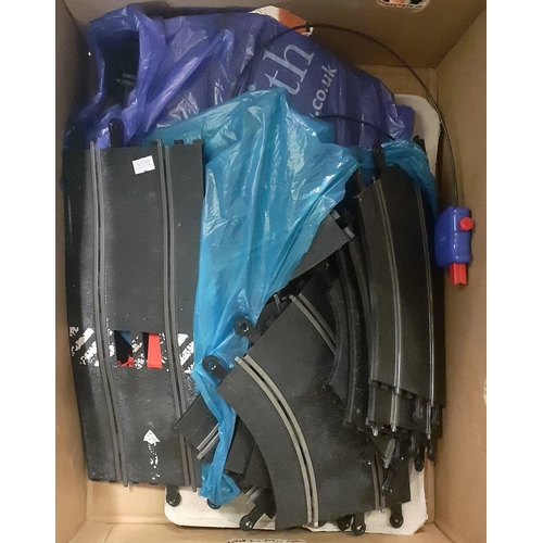 367 - Two boxes and one suitcase of various Scalextrics equipment to include: track, controls, racing rule... 