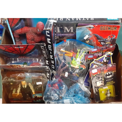 370 - Box of assorted Super Hero toys to include: Superman, Batman Returns board game, figurines, Batmobil... 