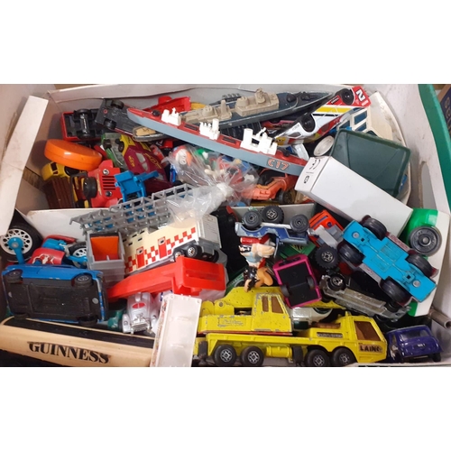 377 - Box of vintage play worn toys, mainly diecast and other model vehicles.  (B.P. 21% + VAT)