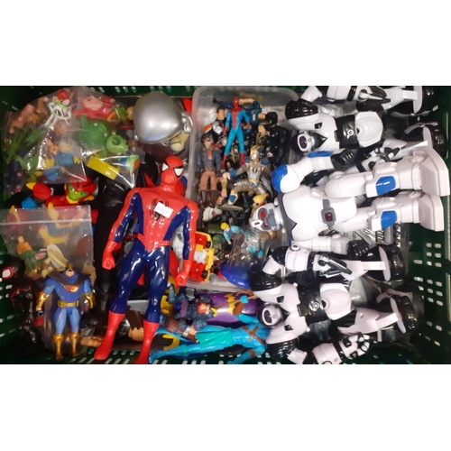 379 - Two crates of toy figurines to include: Superman, Aliens, Marvel, Horror, Dinosaurs, Toy Story, Angr... 