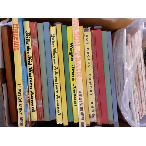 385 - Three boxes of vintage annuals to include: Wagon Train, Superboy, Black Box, Premier Book for Boys, ... 