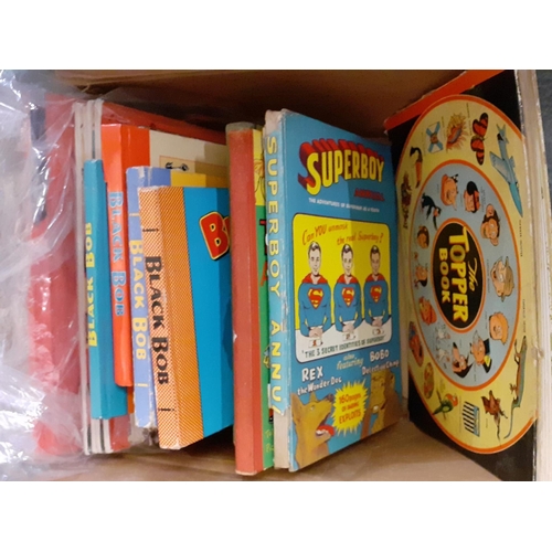 385 - Three boxes of vintage annuals to include: Wagon Train, Superboy, Black Box, Premier Book for Boys, ... 