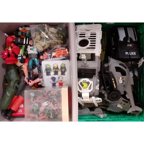 390 - Two crates of toys to include: cars, tractors, tinplate transporter, figures, farm animals, Marvel, ... 