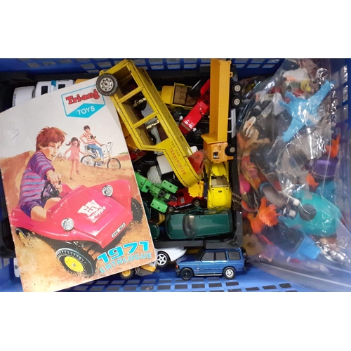 390 - Two crates of toys to include: cars, tractors, tinplate transporter, figures, farm animals, Marvel, ... 