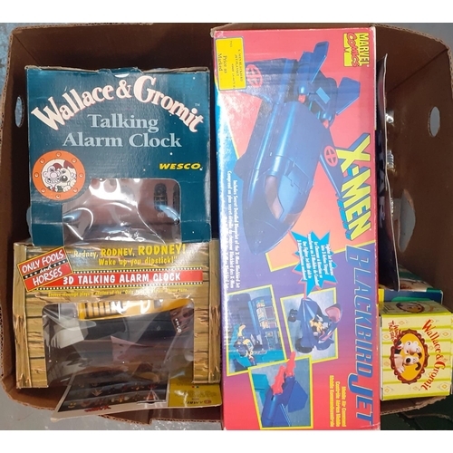 407 - Two boxes of toys to include: Wallace and Gromit and Only Fools and horses talking alarm clocks, Nod... 