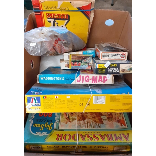 417 - Two boxes of toys to include: Waddington's Jig Map, Airfix and similar model kits, diecast model veh... 