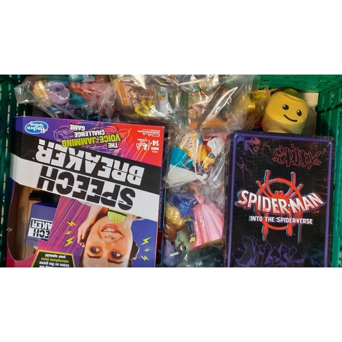 423 - Three crates of toys and games to include: Corgi Car transporters, Lego Star Wars watch, Star Wars i... 