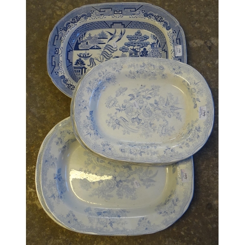 441 - Collection of 19th Century blue and white meat plates; four  'Asiatic Pheasants' pattern and one 'Wi... 