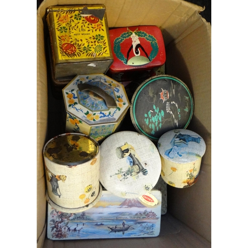 444 - Box containing vintage mainly tea tins to include: 'Chinola', Lyons, Jacob's 'Fuji' tin etc.
(B.P. 2... 