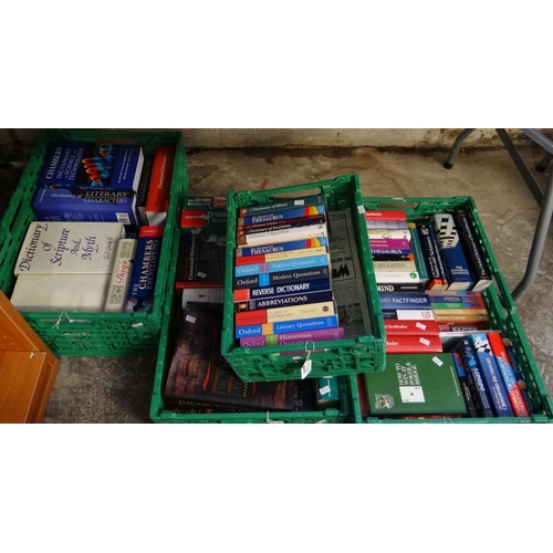 449 - Four crates of reference books, mainly dictionaries to include: 'The Dictionary of Mythology', Cross... 