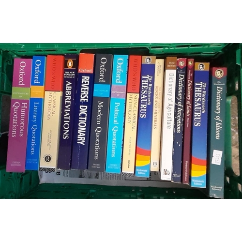 449 - Four crates of reference books, mainly dictionaries to include: 'The Dictionary of Mythology', Cross... 