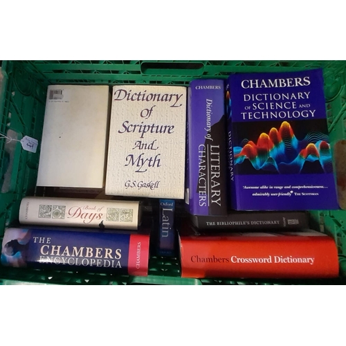 449 - Four crates of reference books, mainly dictionaries to include: 'The Dictionary of Mythology', Cross... 