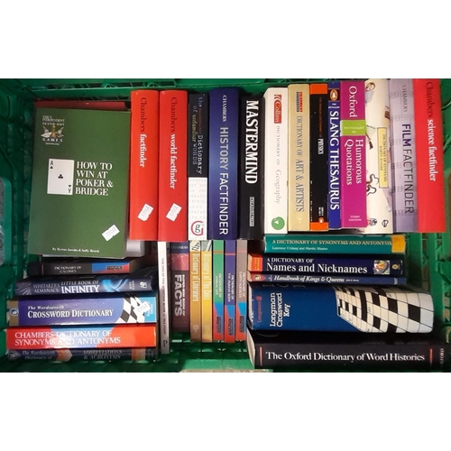 449 - Four crates of reference books, mainly dictionaries to include: 'The Dictionary of Mythology', Cross... 