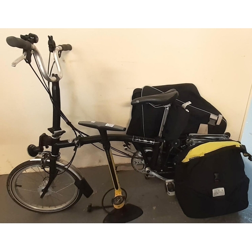 454 - Brompton folding bicycle with textile carrying bag, additional  Brompton bag with Joe Blow foot pump... 