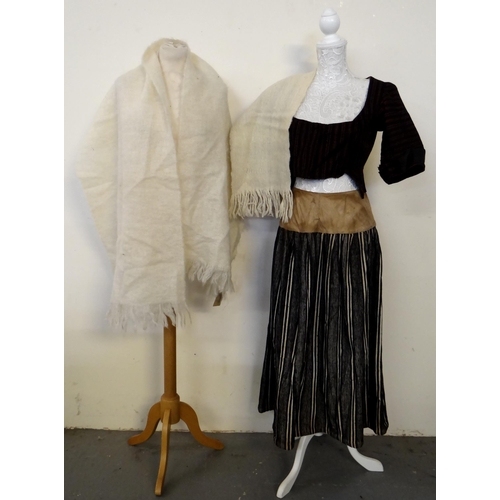 456 - Late 19th/early 20th Century Welsh costume comprising a striped black and cream woollen skirt and th... 