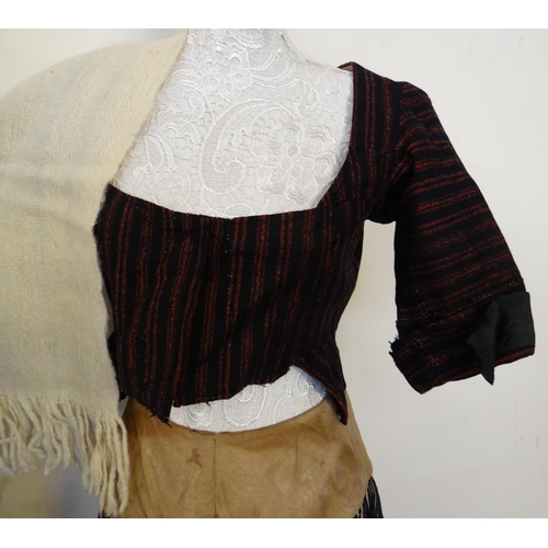 456 - Late 19th/early 20th Century Welsh costume comprising a striped black and cream woollen skirt and th... 