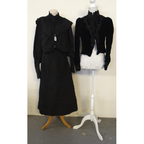 457 - Small collection of ladies Victorian clothing to include: black velvet bodice with striped woollen l... 