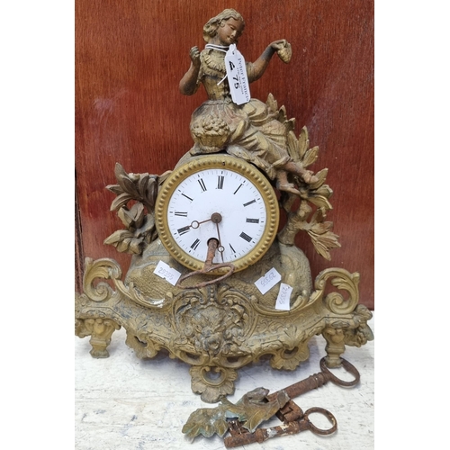 75 - Late 19th century French gilt metal single train mantel clock with figural mount and enamel Roman nu... 