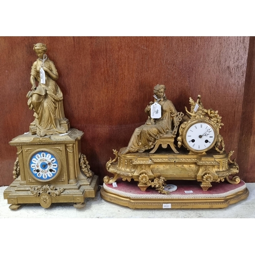 76 - Two 19th century gilt spelter figural mantel clocks, both with ceramic Roman faces, one on additiona... 