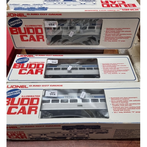 77A - Three Lionel O and O27 gauge limited edition Illuminated Budd cars to include: Commuter Train, two P... 