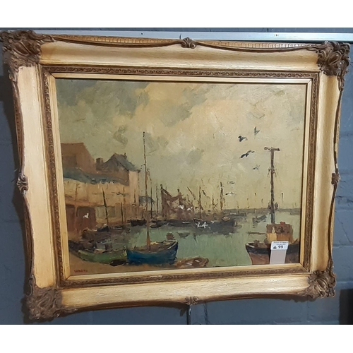 99 - British School, (20th century), Brixham, harbour scene, indistinctly signed.  Oils on board.  60x51c... 