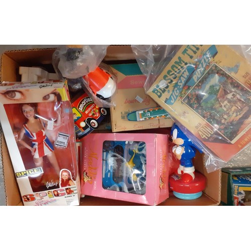 373 - Two boxes of toys to include: Spice Girl Gerri Halliwell figure in original box, Blossom time jigsaw... 