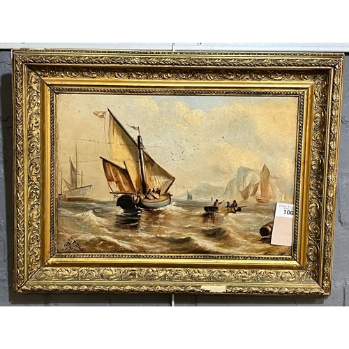 100 - J T Davis, marine study with various vessels near cliffs, signed dated  circa 1880 . Oils on canvas.... 