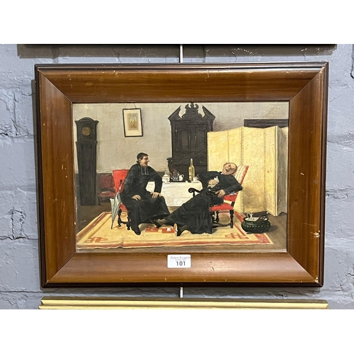 101 - Continental School (probably 19th century), jovial monks sharing a joke at a table.  Oils on panel. ... 