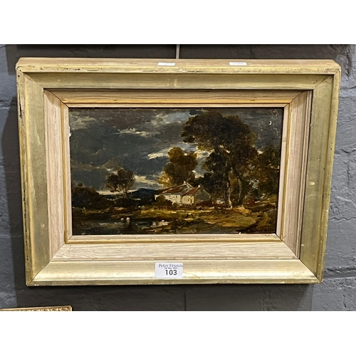 103 - W Muller (19th century), 'Landscape with cottages', signed W Muller dated 1835.  Oils on oak panel. ... 