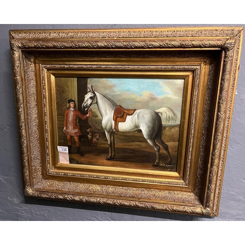 125 - Roper, study of a grey hunter with groom, signed.  Oils on canvas (modern).  35x43cm approx.  Heavy ... 