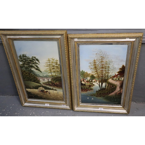 131 - W Kingdon (British late 19th/early 20th century), pair of naïve river landscapes with figures, cotta... 