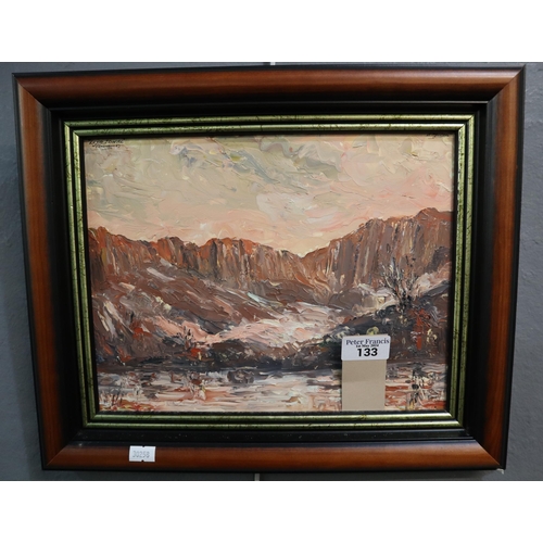 133 - A Hugh Owen (Welsh 20th century), LLyn Idwal, Snowdonia, oils on board with inscription verso.  22x2... 