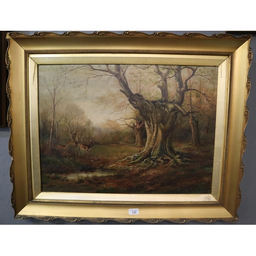 137 - M F Woodward (British early 20th century), Deer and Rabbits around an ancient Oak tree, signed dated... 