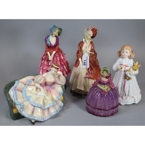 149 - Four Royal Doulton figurines to include: 'Bunny's Bedtime' HN3370, 'Pauline' HN2441, 'Paisley Shawl'... 