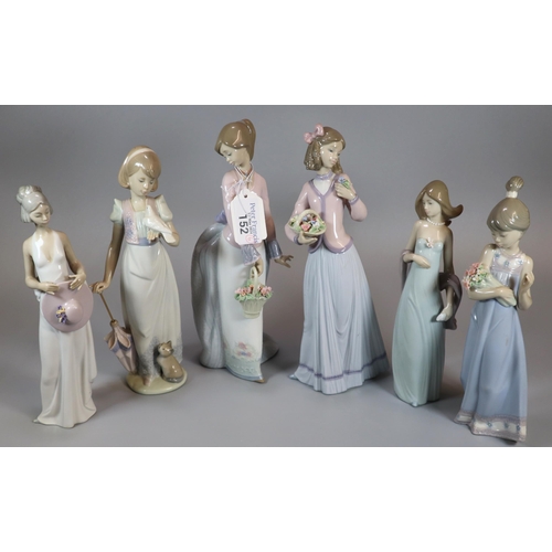 152 - Collection of six Spanish porcelain Lladro figurines to include: girl with umbrella and dove, girls ... 