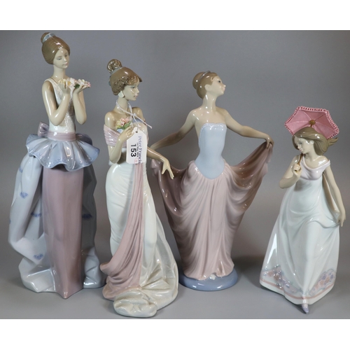 153 - Four Spanish porcelain Lladro figurines of lady's to include: a ballerina, 'An Expression of Love', ... 