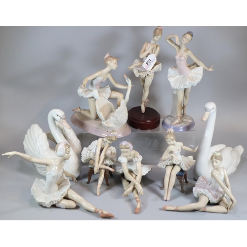 158 - Ten Lladro Spanish Porcelain ballerina and swan figures; one on stand, two seated, one of a ballerin... 