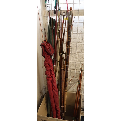 161 - Large collection of assorted Greenheart split cane and other fishing rods, some with canvas cases, a... 