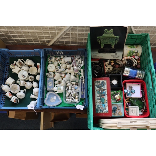 166 - Two trays of Crested Ware, Wedgwood Jasperware heart shaped dish and box and cover, thimbles, spoons... 