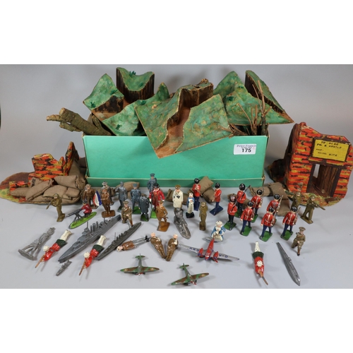 175 - Box of assorted vintage lead and other figures: soldiers, military interest with planes etc. togethe... 