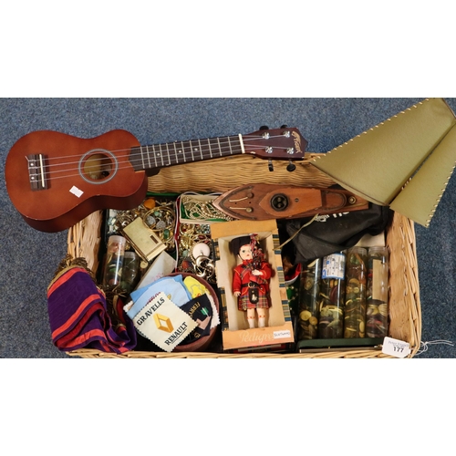 177 - Wicker basket comprising various jewellery, Masonic sash, Pedigree Authentic Scottish Doll, wooden s... 