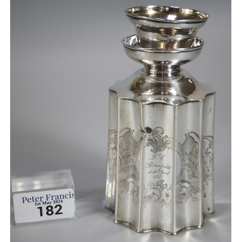 182 - Continental white metal canister/flask, the body with engraved floral and foliate decoration, marks ... 