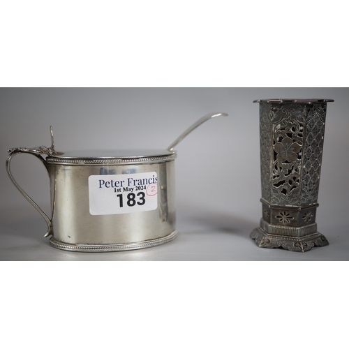 183 - Victorian silver mustard pot with blue glass liner and associate silver spoon.  4.5 troy oz approx. ... 